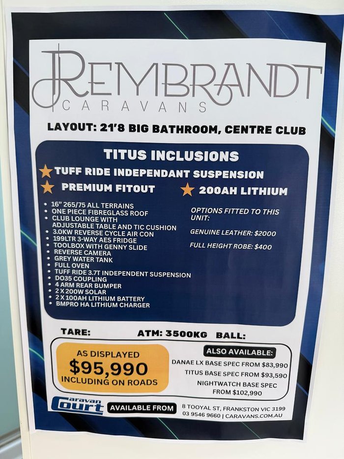 2025 Rembrandt Caravans Stock Sale Titus Big Bathroom