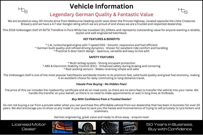 2016 Volkswagen Golf 92TSI Trendline 7 MY17 Pure White