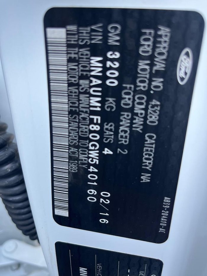 2016 Ford Ranger XL Hi-Rider PX MkII 4x2 Cool White