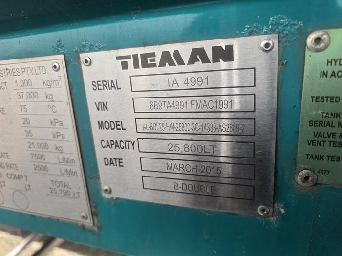 2015 Tieman 25M Bdouble Fuel Tanker Combination Green