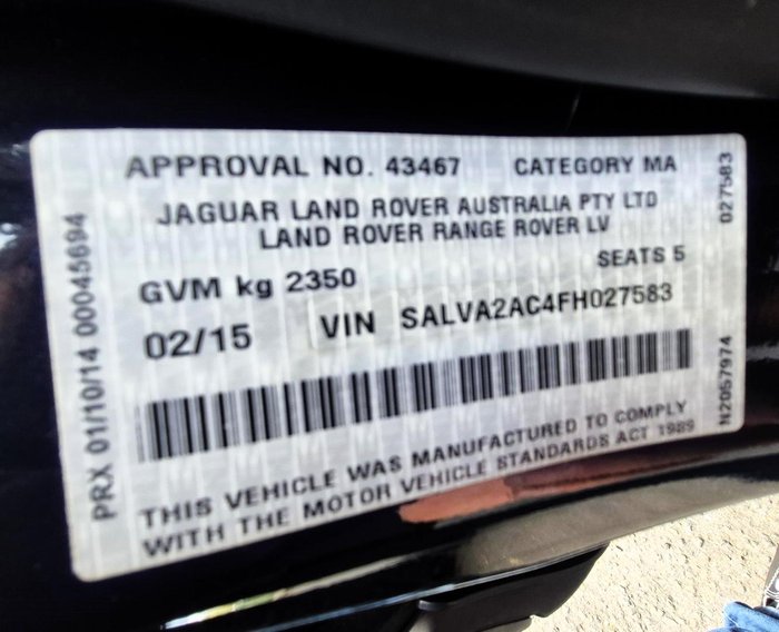 2015 Land Rover Range Rover Evoque TD4 Pure L538 MY15 4X4 Constant Barolo Black