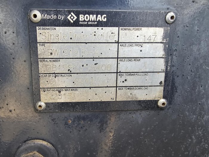 2014 BOMAG Bw219d-4 Smooth Drum Roller Yellow
