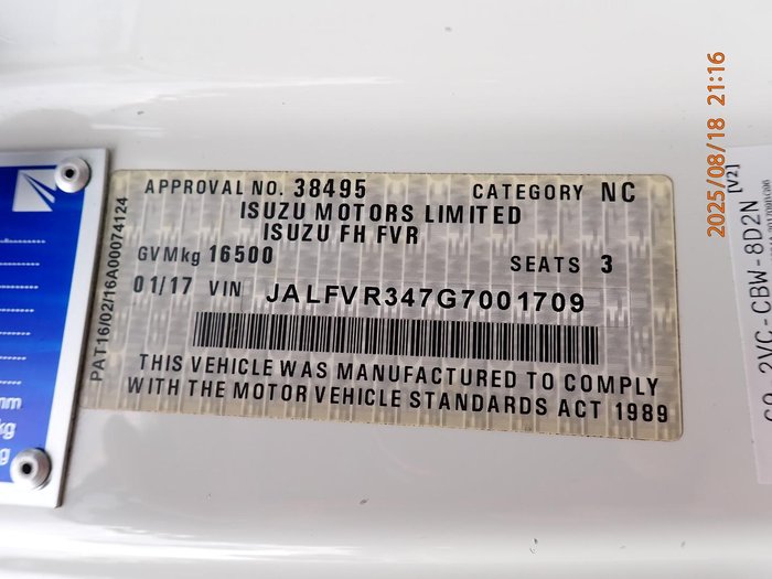 2017 Isuzu Fvr 165 300 F SERIES WHITE