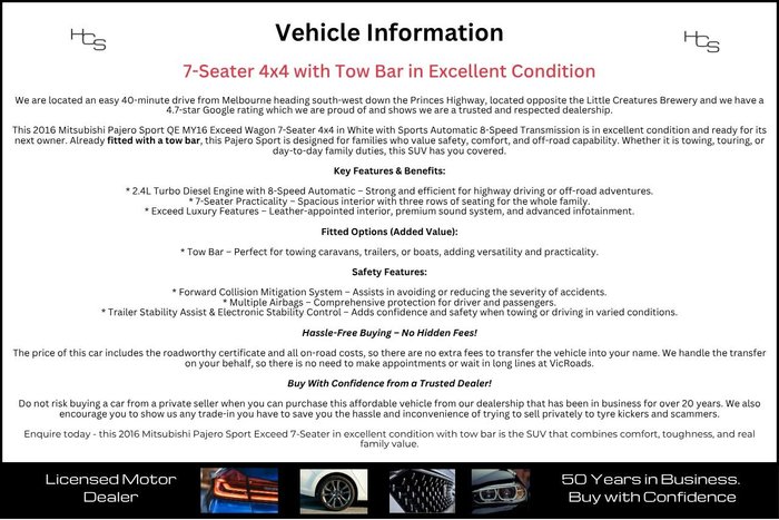 2016 Mitsubishi Pajero Sport Exceed QE MY16 4X4 Dual Range White
