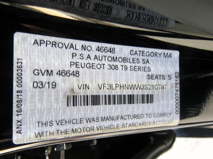 2019 Peugeot 308 Allure T9 MY20 Nera Black