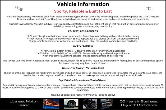 2012 Toyota Camry Atara SX ASV50R Silver Pearl