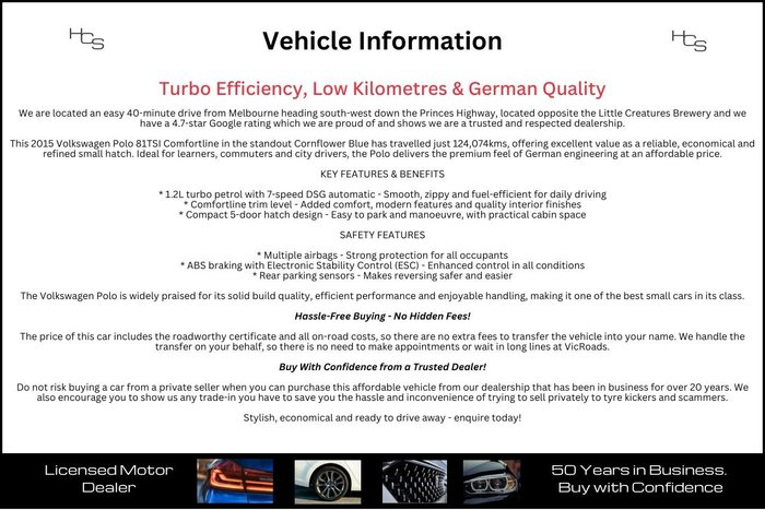 2015 Volkswagen Polo 81TSI Comfortline 6R MY15 Cornflower Blue