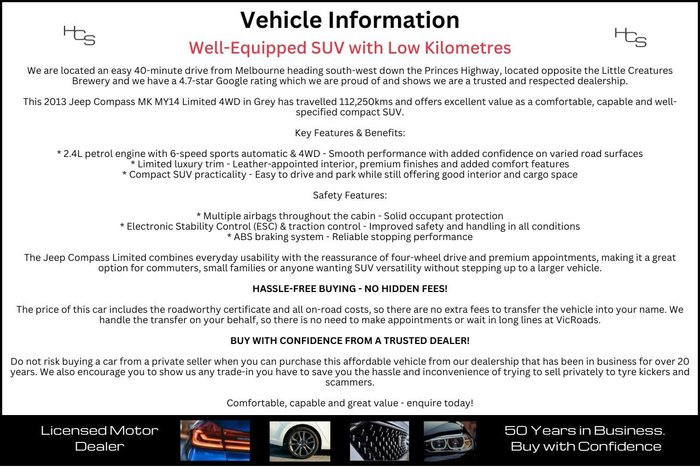 2013 Jeep Compass Limited MK MY14 Four Wheel Drive Grey