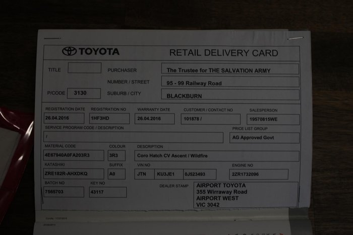 2016 Toyota Corolla Ascent ZRE182R Wildfire