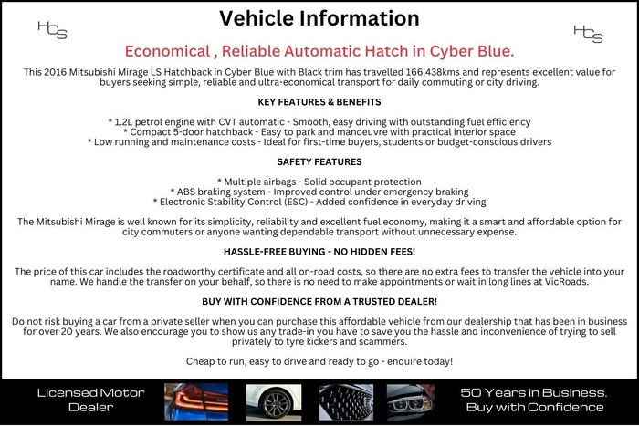 2016 Mitsubishi Mirage LS LA MY16 Cyber Blue