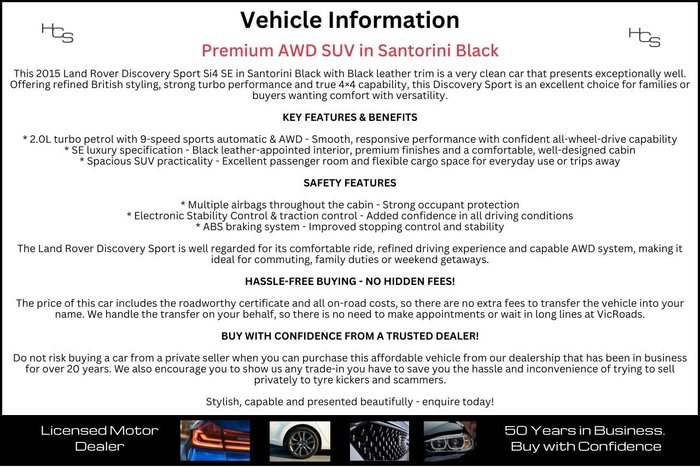 2015 Land Rover Discovery Sport Si4 SE L550 MY16 4X4 Constant Santorini Black