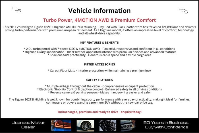 2017 Volkswagen Tiguan 162TSI Highline 5N MY17 Four Wheel Drive Ruby Red