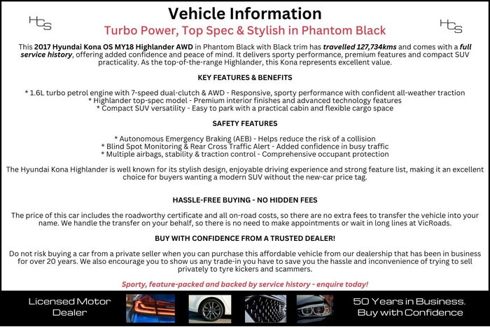 2017 Hyundai Kona Highlander OS MY18 AWD Phantom Black