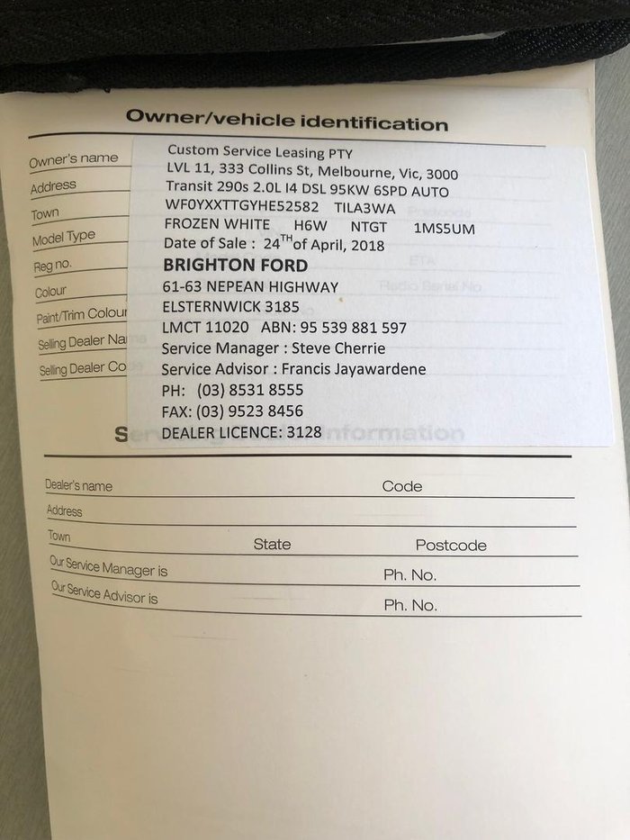 2018 Ford Transit Custom 290S VN 2017.75MY Frozen White