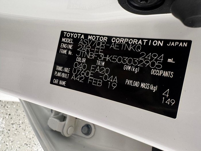 2019 Toyota Camry Ascent Sport ASV70R Glacier White
