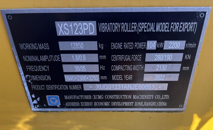 2022 XCMG Xs123 Yellow