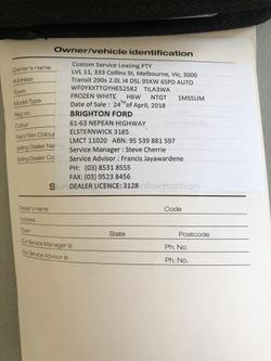 2017 Ford Transit Custom 290S VN Frozen White